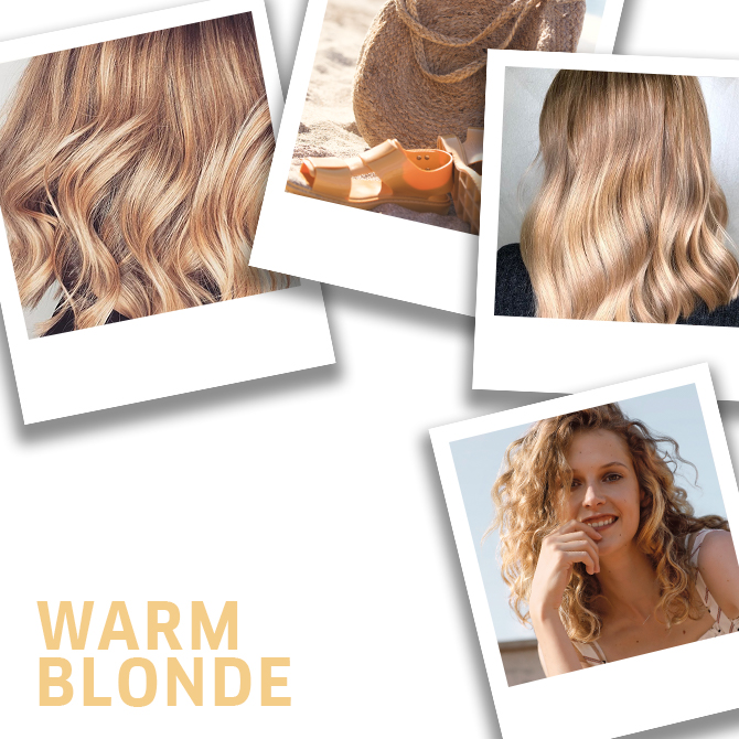 Collage of warm blonde hair ideas, created using Wella Professionals