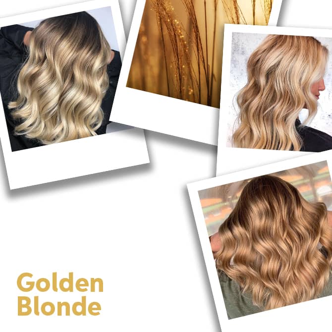 Collage of golden blonde hair looks, created using Wella Professionals.