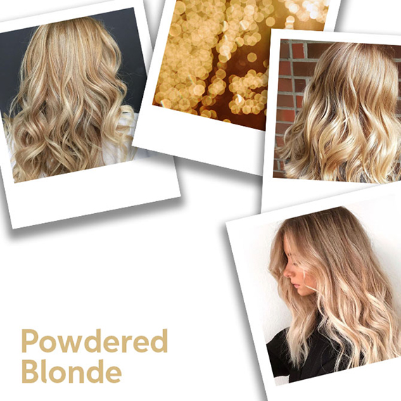 Polaroid collage of women with powdered blonde hair styled with loose waves