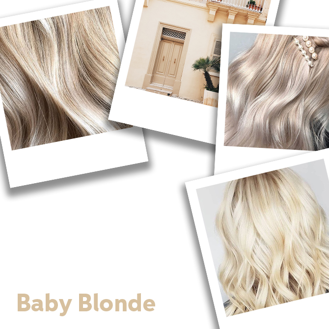 Polaroid photo collage of baby blonde hair ideas, styled with loose waves
