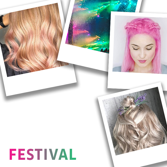 Polaroid photo collage of women with festival hair styles and ideas