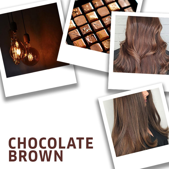 Collage of images featuring two chocolate brown hairstyles, a box of chocolates and lightbulbs