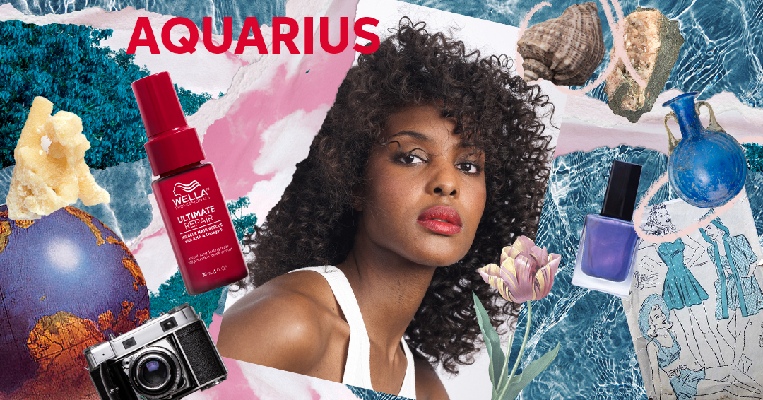 Collage of images representing the Aquarius zodiac sign centered around a model with black curly hair wearing red lipstick