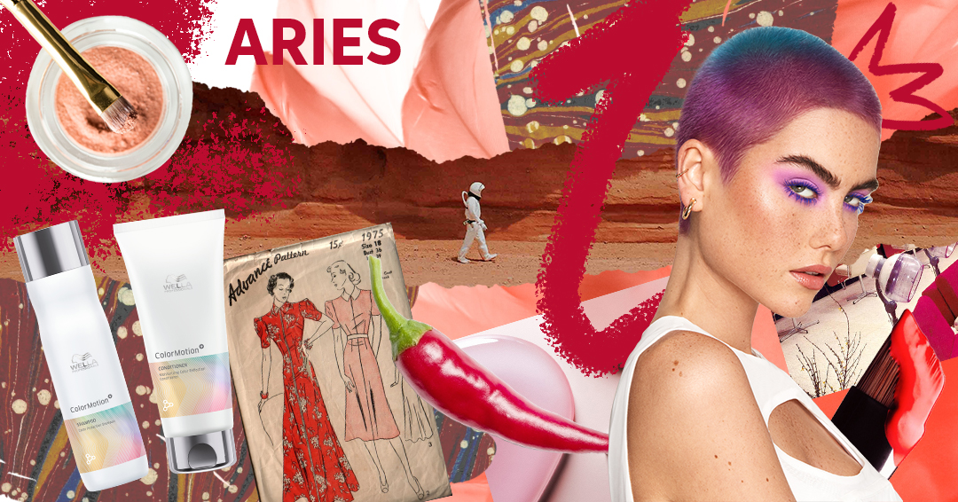 Model with very short pink and blue hair surrounded by products and objects that represent the Aries zodiac sign