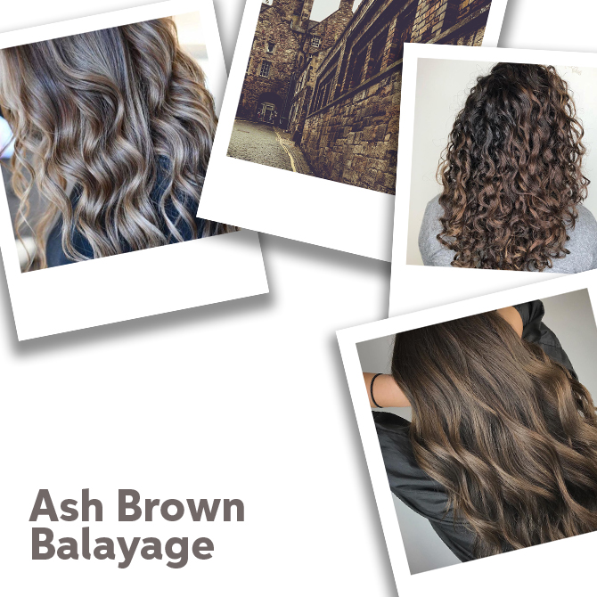 Collage von aschbraunem Balayage und einem Haus 