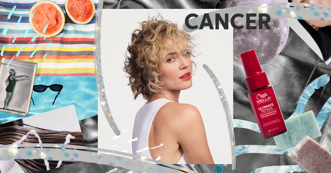 A model with short blonde curly hair is surrounded by objects that represent the Cancer zodiac sign, including summery imagery