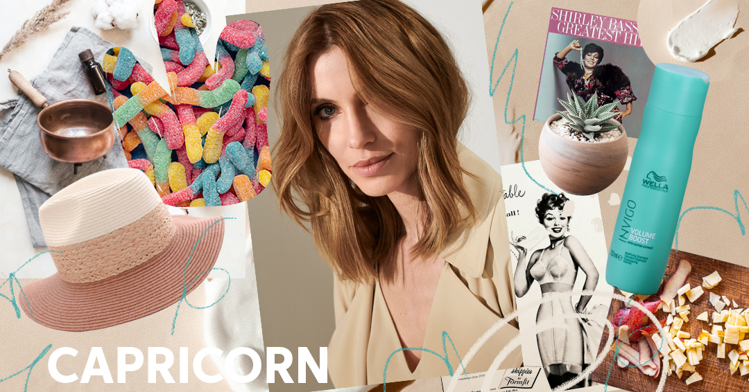 Collage of images representing the Capricorn zodiac sign centered around a model in a beige jacket with strawberry blonde hair