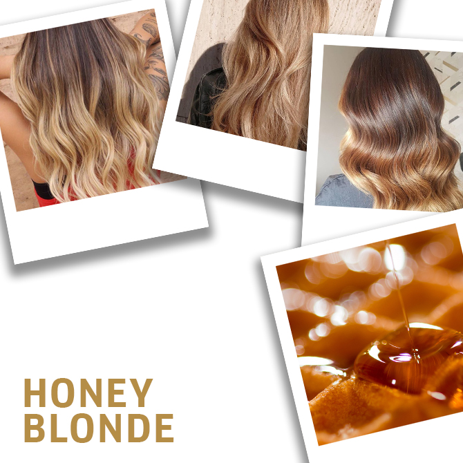 Collage of honey blonde hair color ideas created using Wella Professionals.