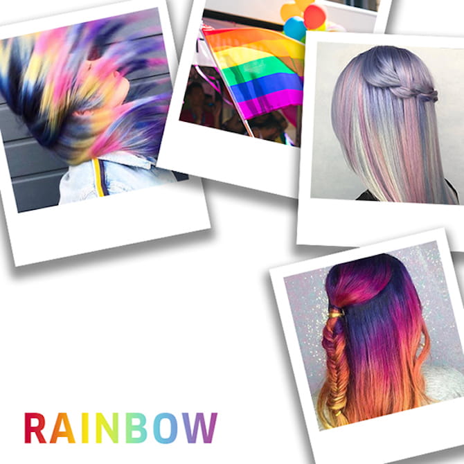 Collage of rainbow hair looks, created using Wella Professionals