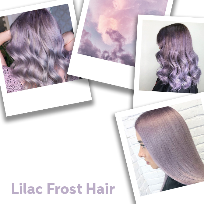 Four polaroid images scattered. Three are images of lilac-colored hair, and one is of lilac-colored clouds