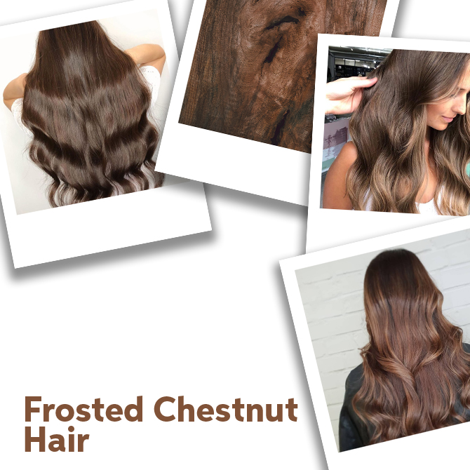 Collage of frosted chestnut hair, created using Wella Professionals 