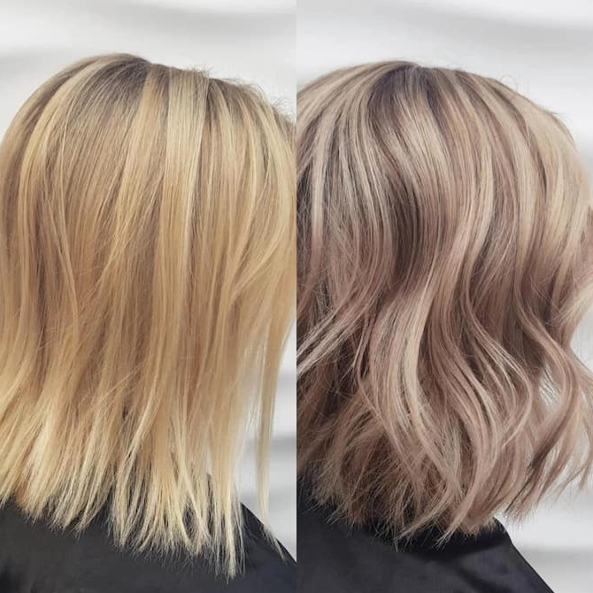 Before and after showing yellow hair toned to ashy blonde with Wella Professionals. 