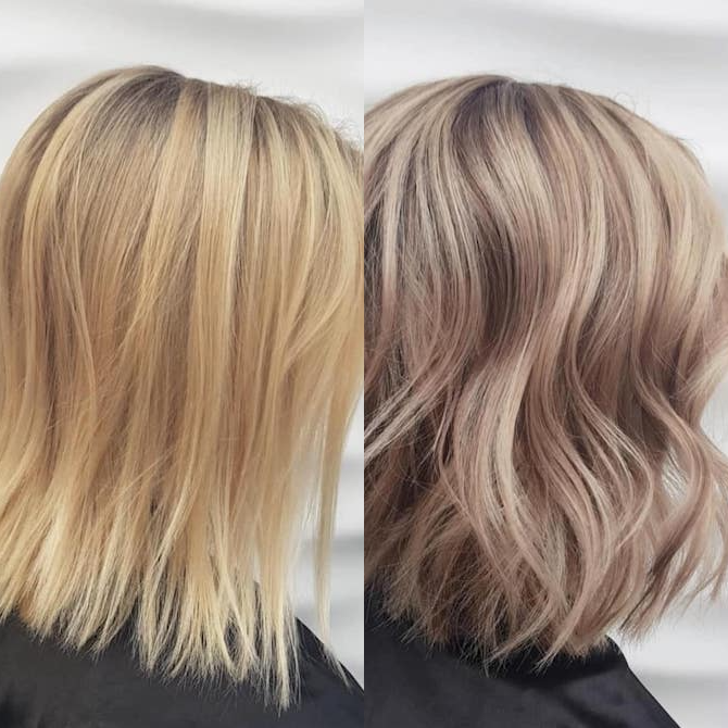 Vorher-Nachher-Ergebnis von blondem Haar mit Gelbstich, das mit Wella Professionals zu Aschblond getönt wurde.