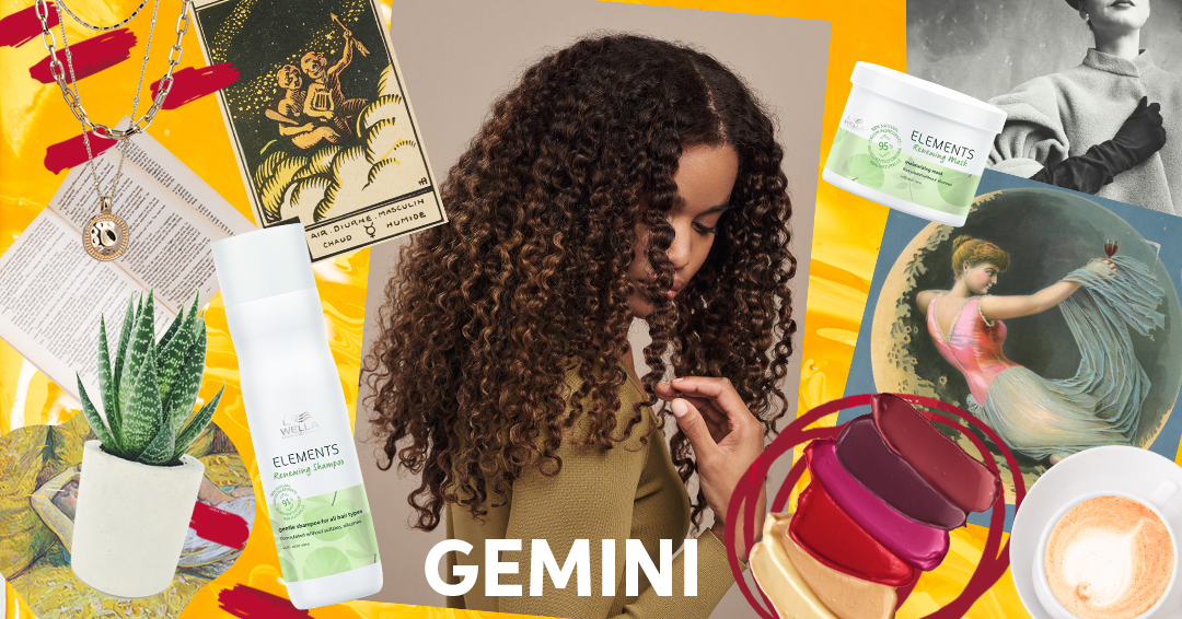 A model with dark curly hair is surrounded by objects that represent the Gemini zodiac sign, including twins and plants