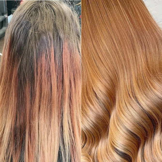 Before and after of gray coverage on copper hair, created using Wella Professionals.