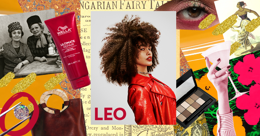 A model with brown curly hair is dressed in red & surrounded by collaged images of objects that represent the Leo zodiac sign