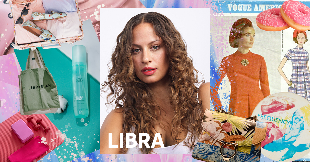 A model with long light brown curly hair surrounded by a collage of images used to represent the Libra zodiac sign