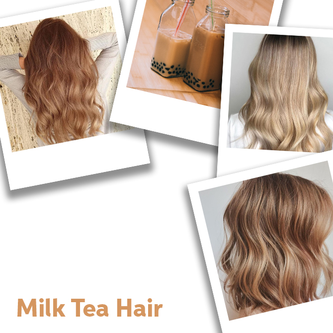Collage of milk tea hair color