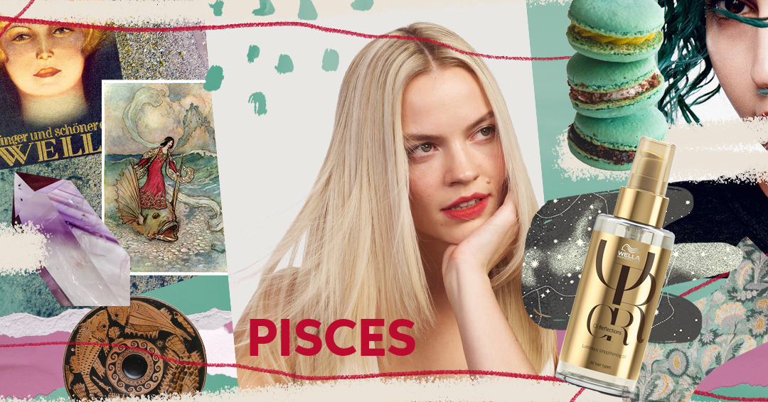 Collage of images representing the Pisces zodiac sign centered around a model with long blonde hair wearing red lipstick 