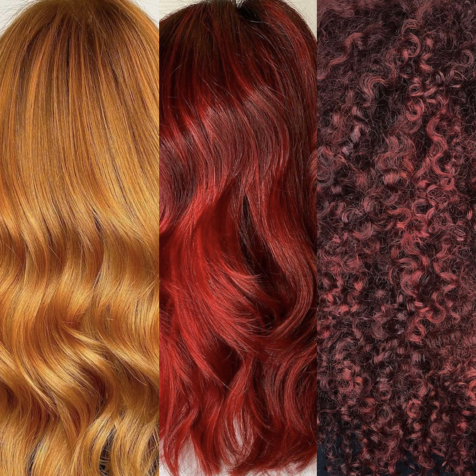 Collage aus 3 roten Haarfarben: Ingwer-, Rubin- und Cherry-Cola-Rot.