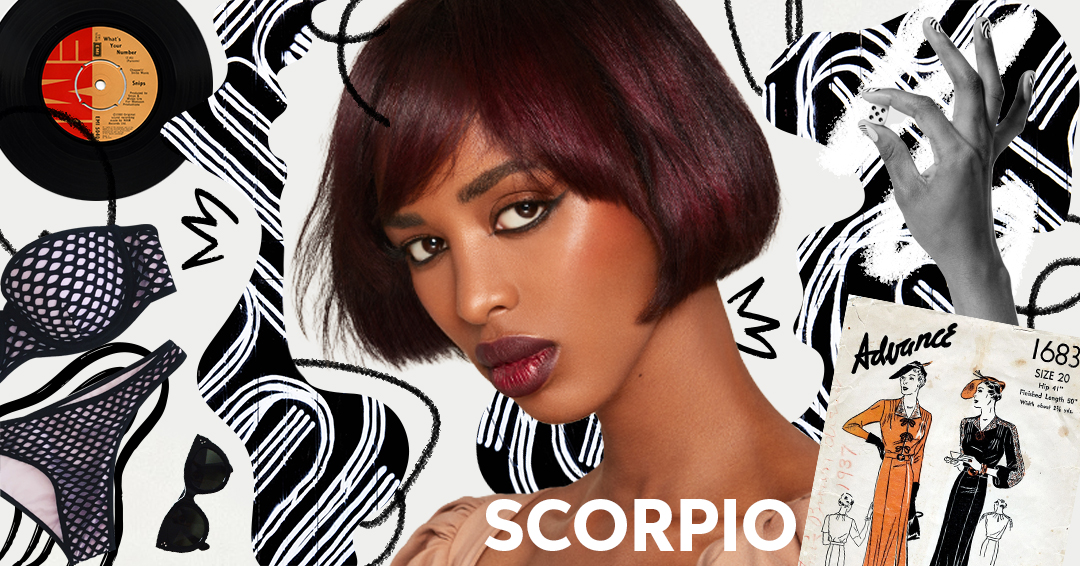 A model with short red-black hair against a collage of black & white images to represent the Scorpio zodiac sign