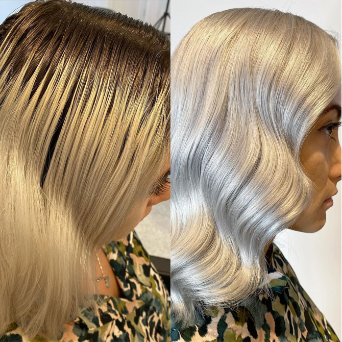 Before and after of blonde roots touched up, created using Wella Professionals.