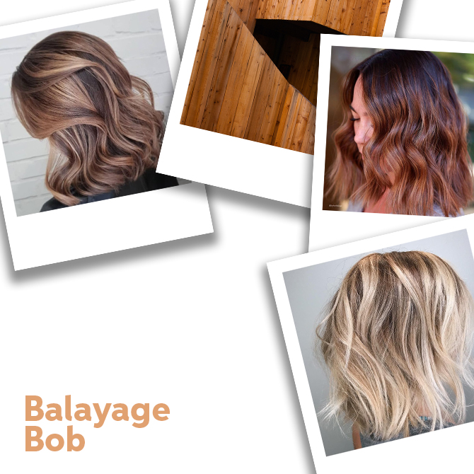Collage of balayage bob hairstyles, created using Wella Professionals.