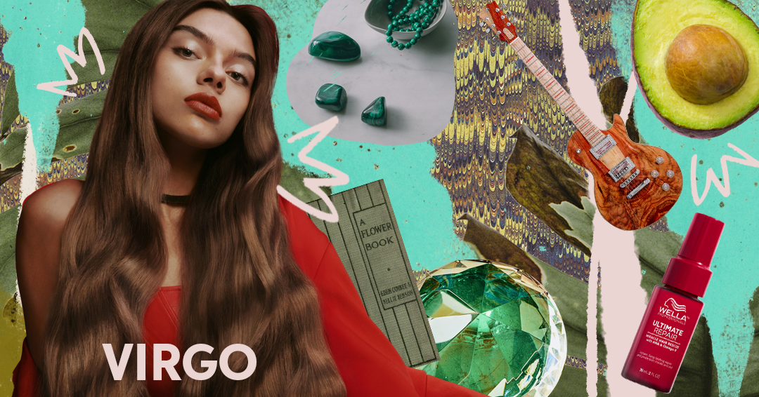 Collage of images including a model with long brown hair dressed in red surrounded by objects representing the Virgo zodiac sign