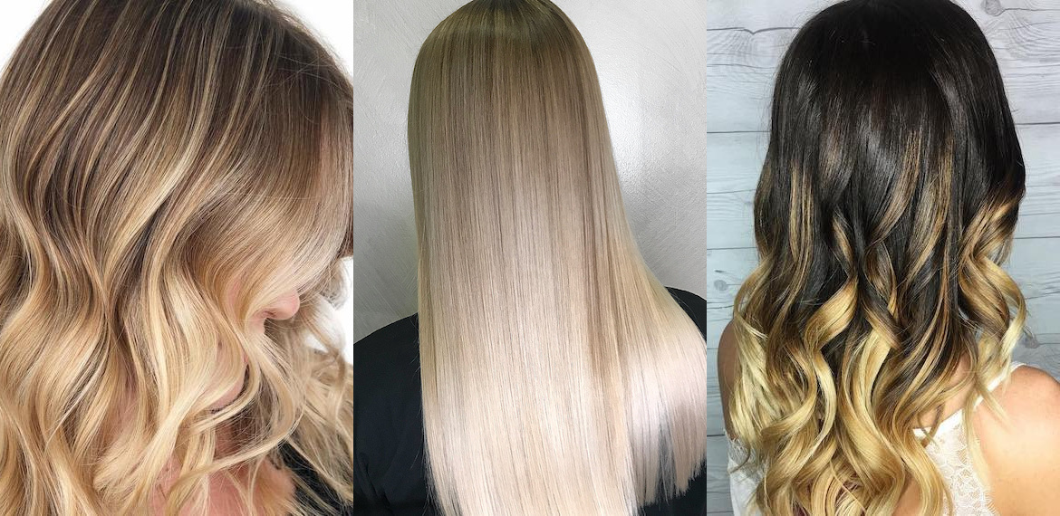 Collage of three images showing a woman with blonde balayage, blonde ombre and a blonde dip-dye, created using Wella Professionals. 