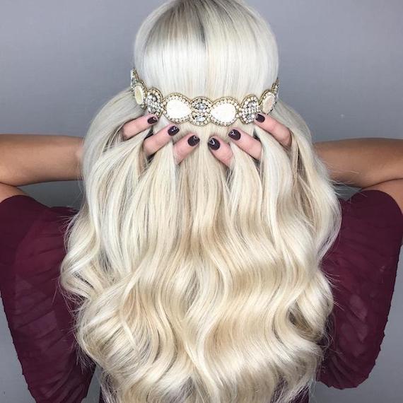 Photo of the back of a woman’s head with wavy platinum blonde hair, created using Wella Professionals