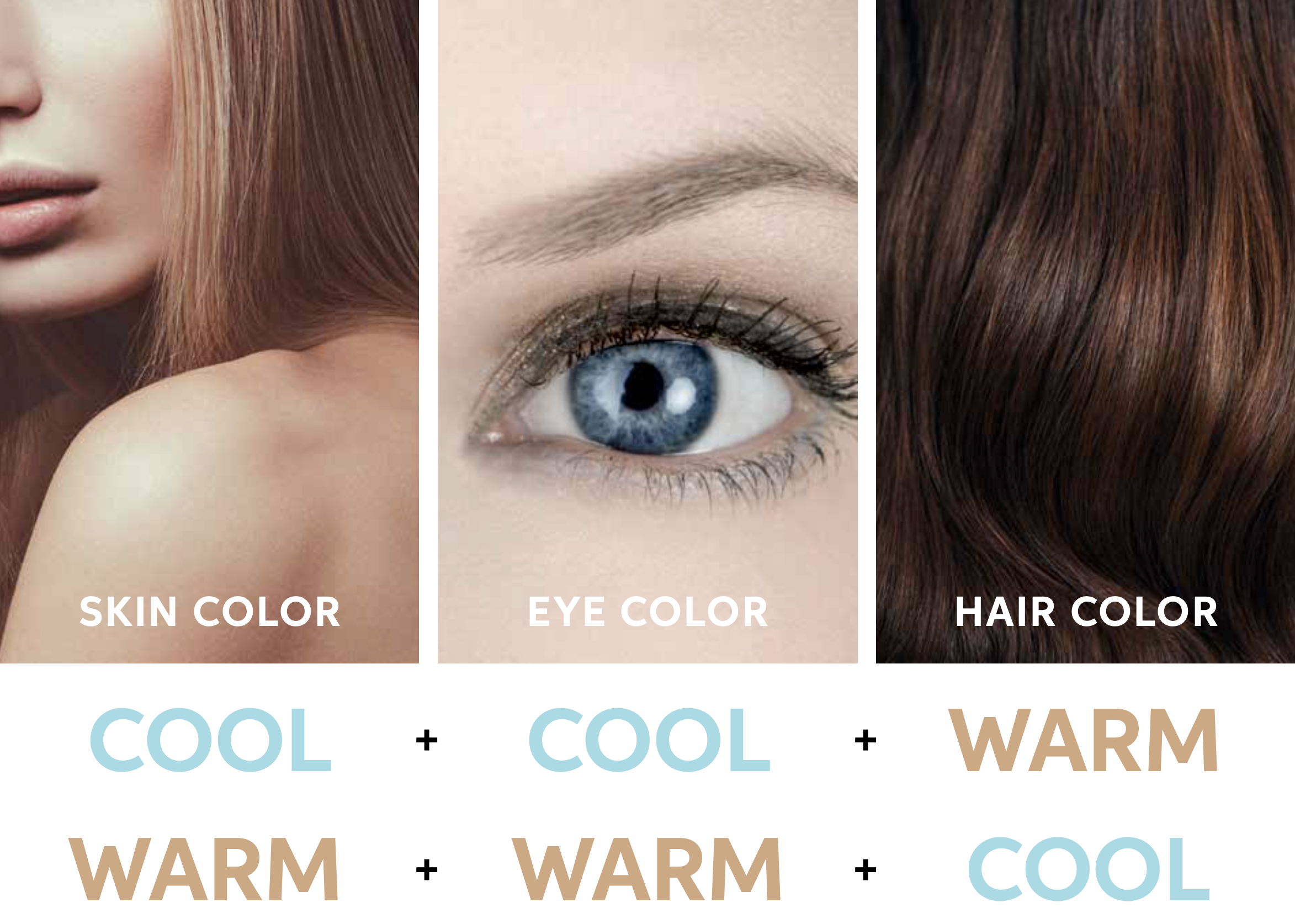 Chart to show the perfect colour equation for skin, eye and hair colour. If you have two warm elements, you should have one cool.  