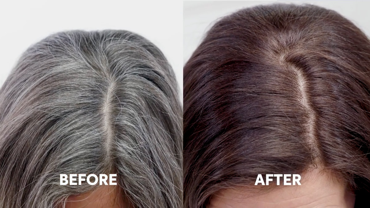 Before and after showing grey roots of hair blended away with a brown shade of Color Touch.