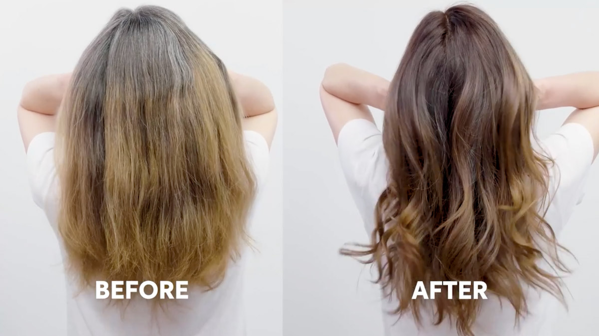 Before and after showing grey roots of long, blonde hair blended away with a dark blonde shade of Color Touch.