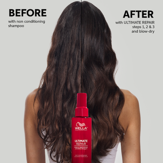 Before and after showing long, brown, wavy hair appearing healthier after using ULTIMATE REPAIR.