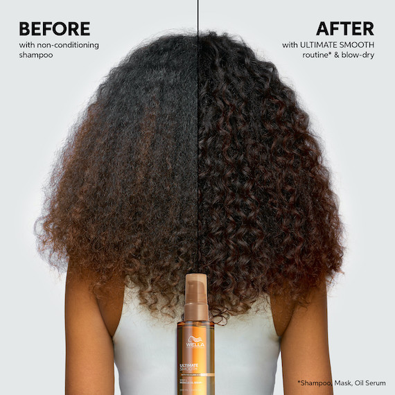 Before and after showing model’s long, dark, curly hair appearing glossier and more defined after using ULTIMATE SMOOTH.