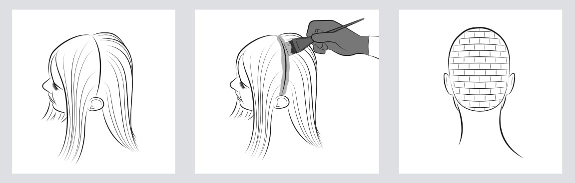 Drei Schritt-für-Schritt-Abbildungen, die den ziegelsteinförmigen Auftrag auf das Haar zeigen.