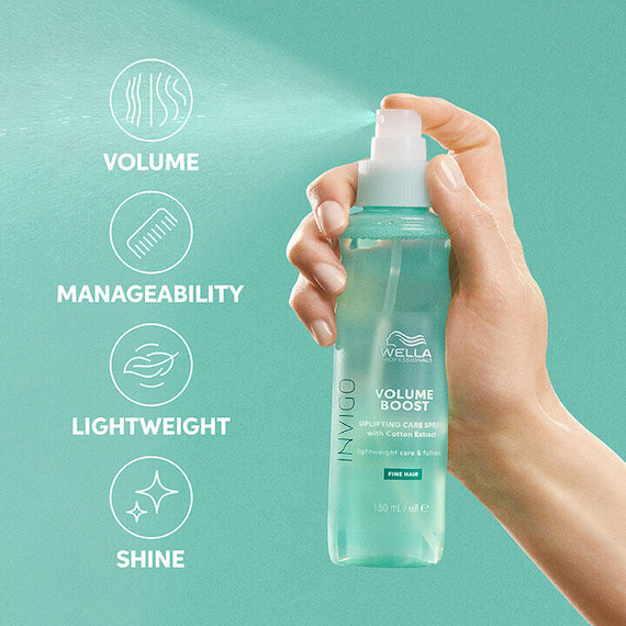 INVIGO Volume Boost Uplifting Hair Mist on a green background.