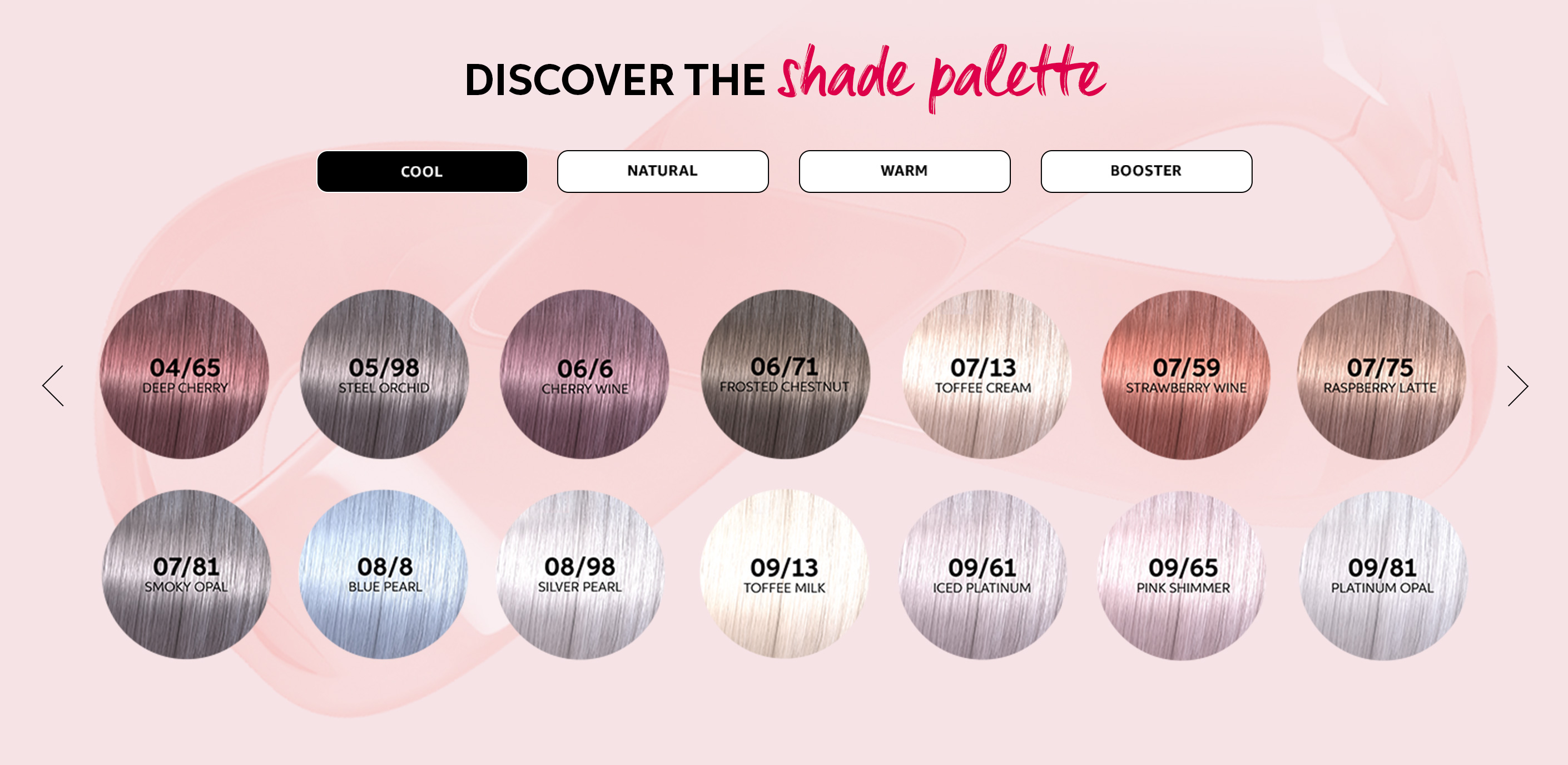 Swatches of the Cool tones from the Wella Shinefinity Glaze shade palette.