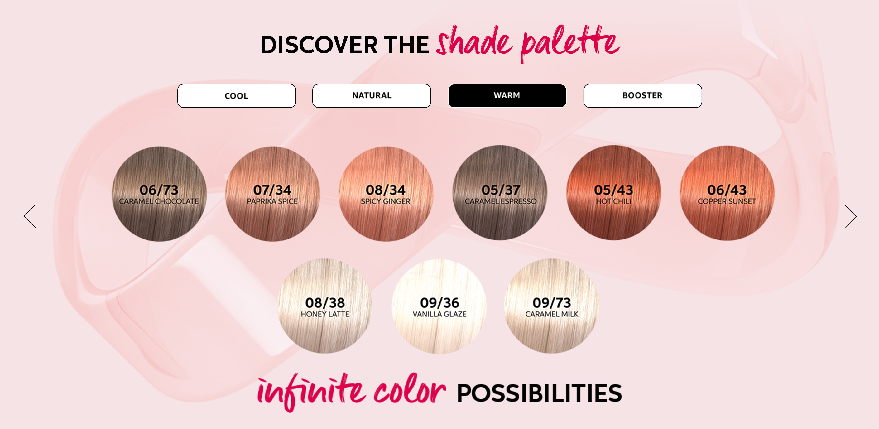 Swatches of the Warm tones from the Wella Shinefinity Glaze shade palette.
