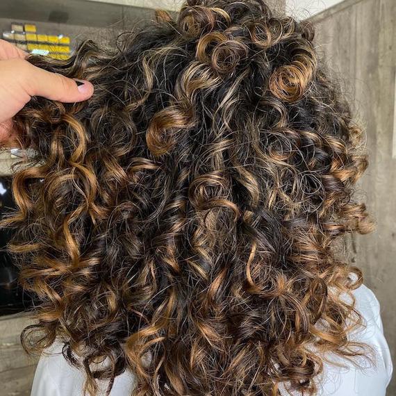 Back of woman’s head with brown curly hair and caramel highlights.