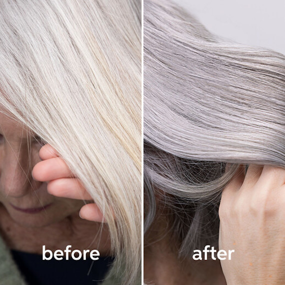 Before and after of true grey hair color, created using Wella Professionals