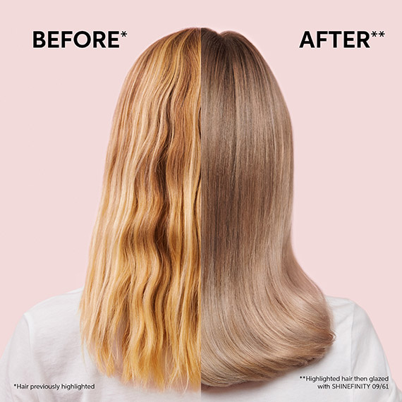 Before and after showing brassy blonde hair appearing cooler after using SHINEFINITY. 