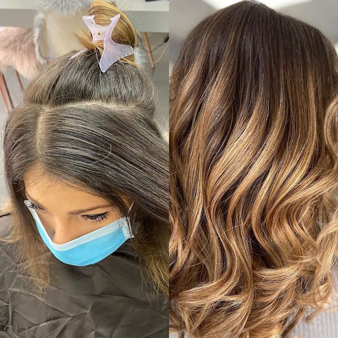 ‘Before’ photo of hair with gray roots and ‘after’ photo of wavy hair with caramel balayage.