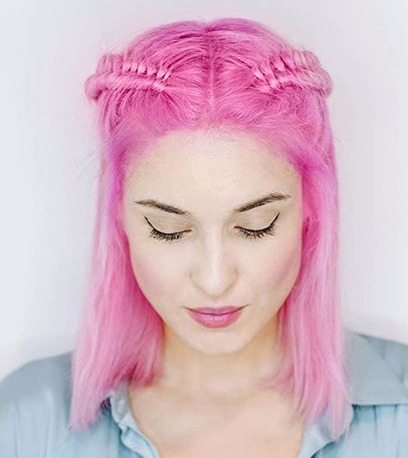 Model with bright pink hair, created with blondor and Welloxon Perfect