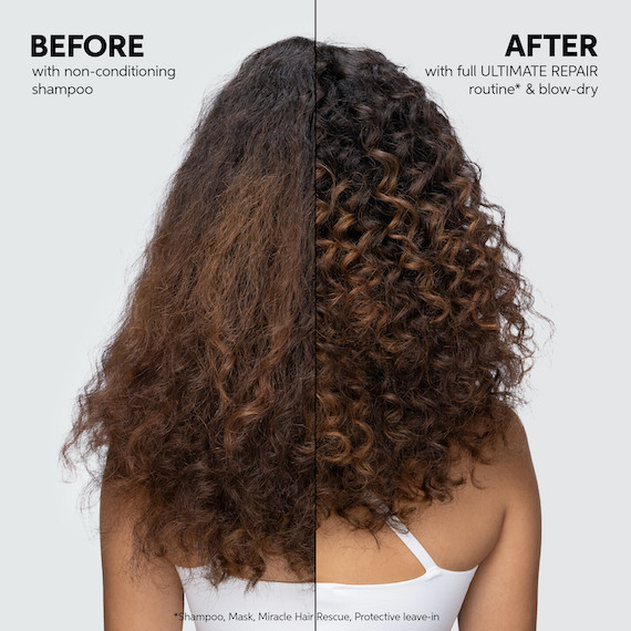 Before and after showing model’s long, curly hair looking bouncier and more defined after using ULTIMATE REPAIR.