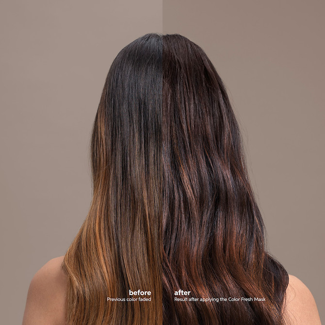 Brunette hair showing the before and after effects of Wella’s Color Fresh Mask in Chocolate Touch.