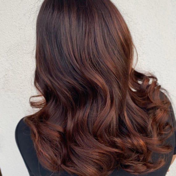 Back of woman’s head with loosely curled, dark auburn hair, created using Wella Profes-sionals.