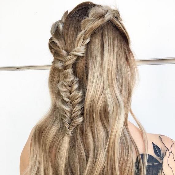 Back of woman’s head with beachy blonde hair styled in a fishtail braid, created using Wella Professionals.