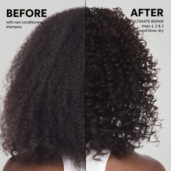 Before and after. A model’s dark, curly hair appears healthier and more defined after using the ULTIMATE REPAIR regimen.