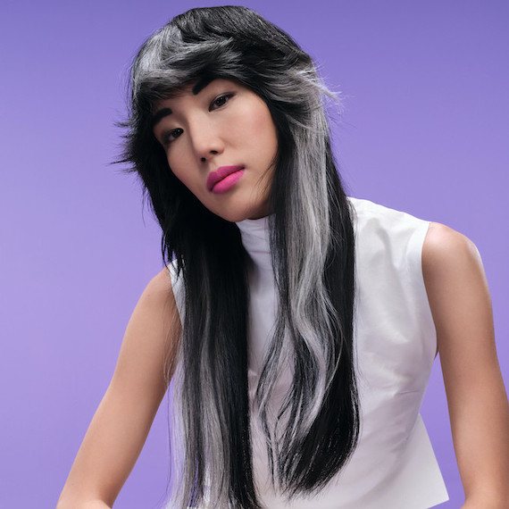 Model with long, straight, black hair, featuring silver gray color blocks through the sides and bangs.